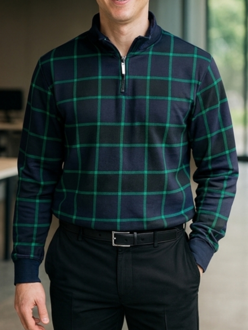VTG Lands’ End Men’s L Tall Quarter Zip Sweater Navy Green Grid Plaid Gorpcorp